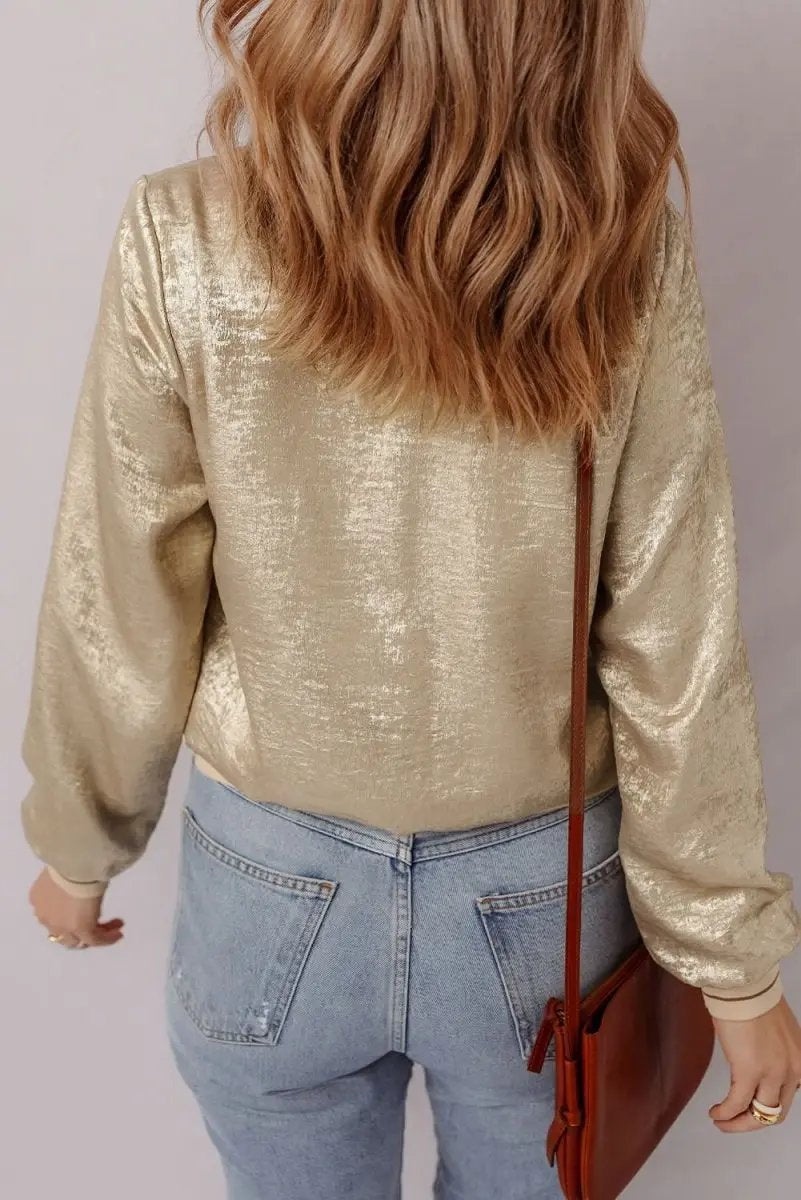 Pale Khaki Metallic Zip up Baseball Jacket - Love Salve